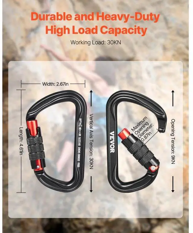 Alt view image 2 of 7 - VEVOR 3 PCS Auto Locking Carabiner Clips Heavy Duty 30 KN for Climbing Hiking