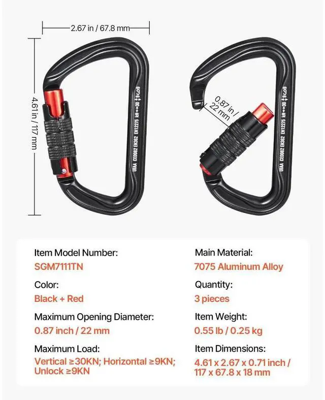 Alt view image 7 of 7 - VEVOR 3 PCS Auto Locking Carabiner Clips Heavy Duty 30 KN for Climbing Hiking