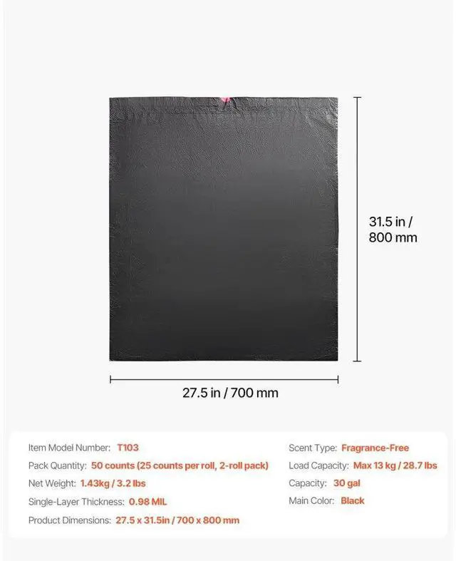 Alt view image 7 of 7 - VEVOR Drawstring Trash Bags Tall Kitchen Bags 30 Gallon 50 Count Garbage Bag