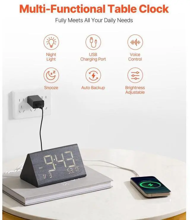 Alt view image 4 of 7 - VEVOR  Digital Alarm Clock with Dual Alarm USB Night Light Desktop Clock Black