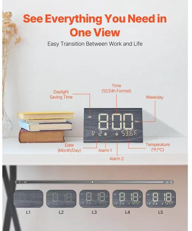 Alt view image 6 of 7 - VEVOR  Digital Alarm Clock with Dual Alarm USB Night Light Desktop Clock Black