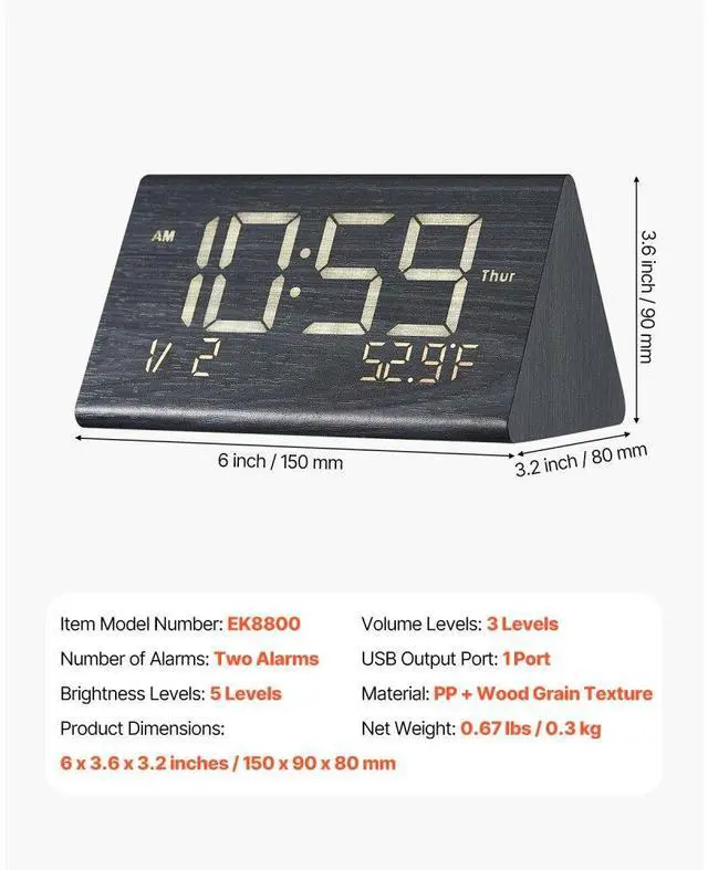 Alt view image 7 of 7 - VEVOR  Digital Alarm Clock with Dual Alarm USB Night Light Desktop Clock Black