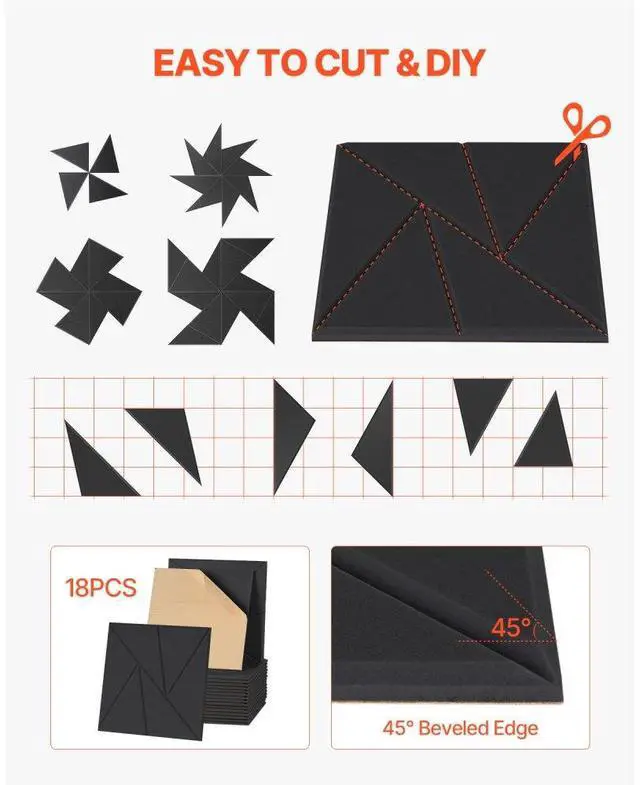 Alt view image 6 of 7 - VEVOR 18 Pack Acoustic Wall Panels 11.8 x 11.8 x 0.4 inch Self-Adhesive Black