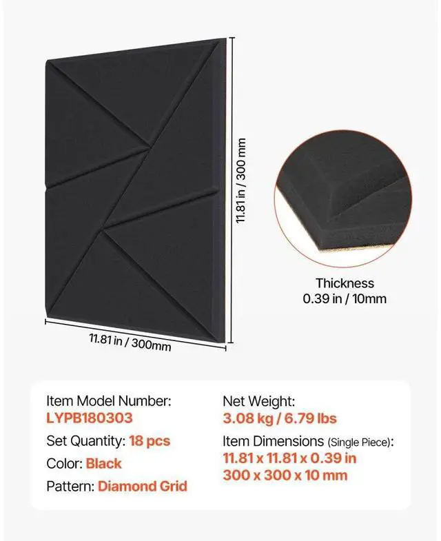 Alt view image 7 of 7 - VEVOR 18 Pack Acoustic Wall Panels 11.8 x 11.8 x 0.4 inch Self-Adhesive Black