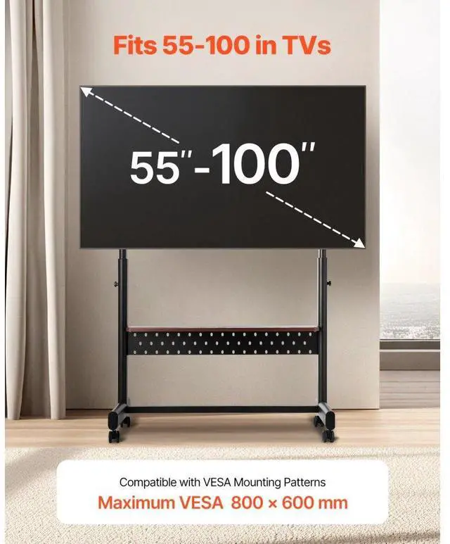 Alt view image 2 of 7 - VEVOR Rolling TV Stand Mobile TV Cart Holds Up to 205 lbs for 55-100 Inch TVs
