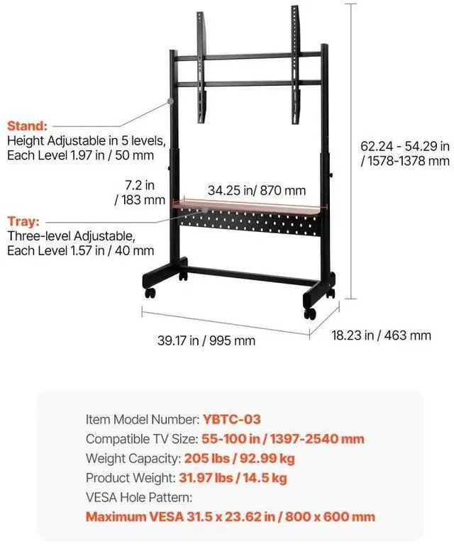 Alt view image 7 of 7 - VEVOR Rolling TV Stand Mobile TV Cart Holds Up to 205 lbs for 55-100 Inch TVs