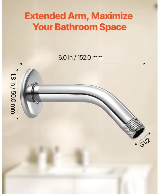 Alt view image 4 of 7 - VEVOR Shower Head Arm with Flange 6 Inches Wall Mounted Stainless Steel Chrome Finish
