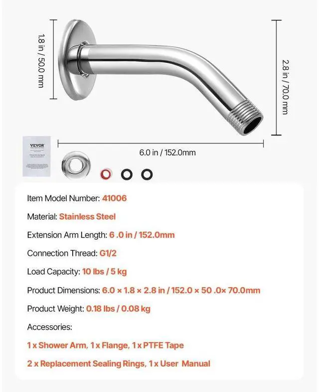 Alt view image 7 of 7 - VEVOR Shower Head Arm with Flange 6 Inches Wall Mounted Stainless Steel Chrome Finish