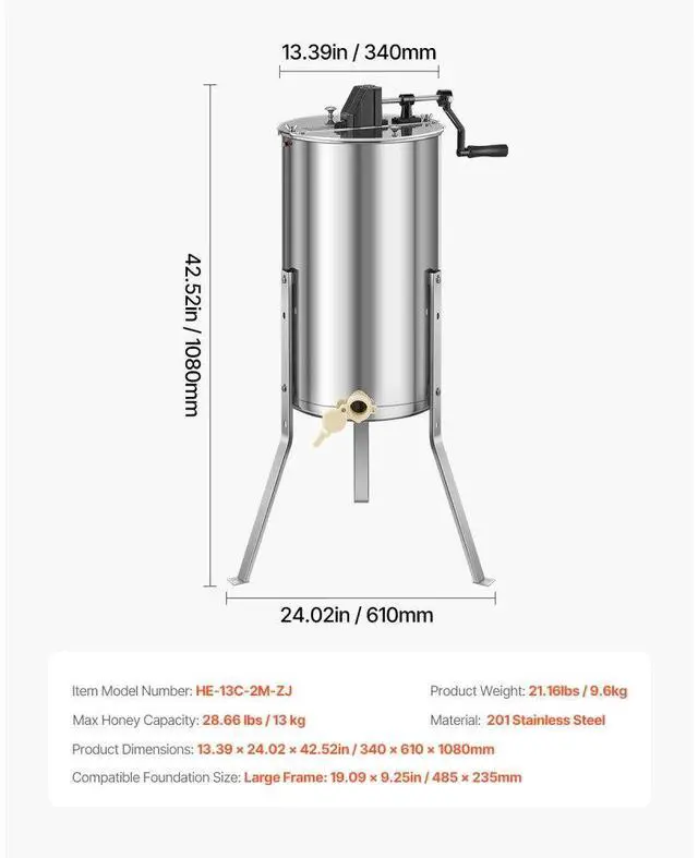 Alt view image 7 of 7 - VEVOR Manual Honey Extractor 2 Frame Beekeeping Honeycomb Spinner Stainless Steel