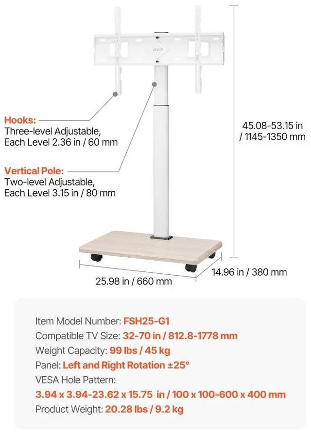 Alt view image 7 of 7 - VEVOR Rolling TV Stand, Mobile TV Cart for 32-70 Inch Screens, 25° Left-Right Rotation and Height Adjustable TV Mount on Wheels, Holds up to 99 lbs for Corner, Bedroom, Outdoor, Max VESA 600x400mm