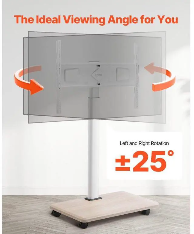 Alt view image 5 of 7 - VEVOR Rolling TV Stand, Mobile TV Cart for 32-70 Inch Screens, 25° Left-Right Rotation and Height Adjustable TV Mount on Wheels, Holds up to 99 lbs for Corner, Bedroom, Outdoor, Max VESA 600x400mm