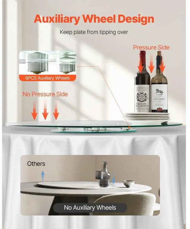 Alt view image 5 of 7 - VEVOR 30 in Glass Lazy Susan Turntable, Tempered Glass Dining Table Centerpiece with 6 Rotating Wheels, 360° Smooth and Silent Spin Tabletop Rotating Tray, for Family Gatherings, Banquets & Weddings