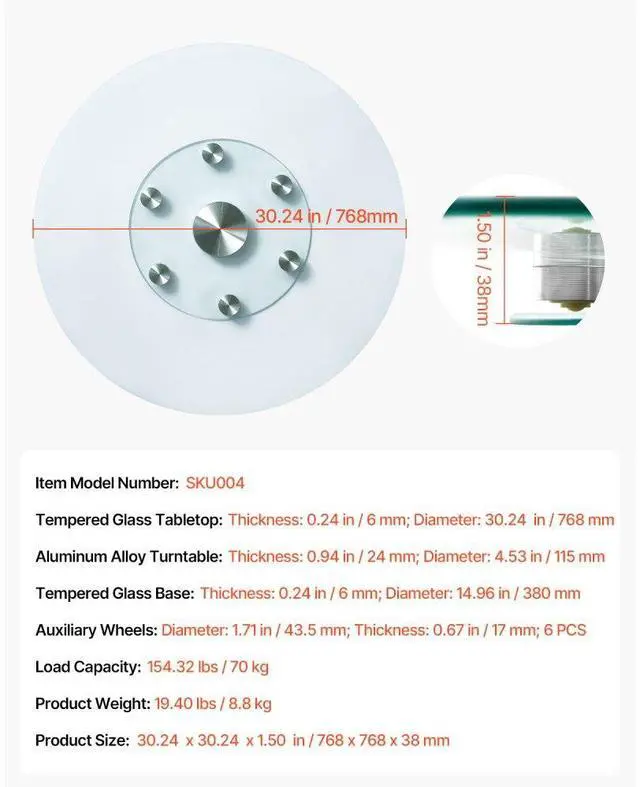 Alt view image 7 of 7 - VEVOR 30 in Glass Lazy Susan Turntable, Tempered Glass Dining Table Centerpiece with 6 Rotating Wheels, 360° Smooth and Silent Spin Tabletop Rotating Tray, for Family Gatherings, Banquets & Weddings