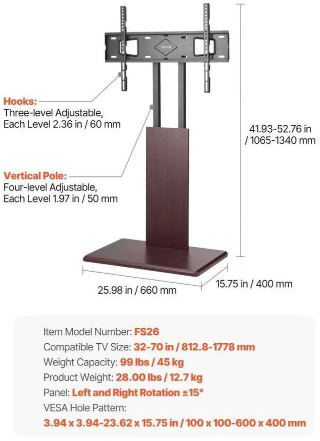 Alt view image 7 of 14 - VEVOR Universal TV Stand, Table Top TV Stand for 32-70 inch Screens, Swivel and Height Adjustable TV Mount Stand Holds up to 99 lbs with Power Strip, for Living Room, Bedroom, MAX VESA 600 x 400 mm