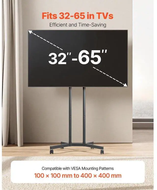 Alt view image 2 of 7 - VEVOR Rolling TV Stand, Mobile TV Cart for 32-65 Inch Screens, Height Adjustable, Portable Monitor Stand with Wheels Holds up to 88 lbs for Living Room, Bedroom, Office, Outdoor, Max VESA 400x400mm
