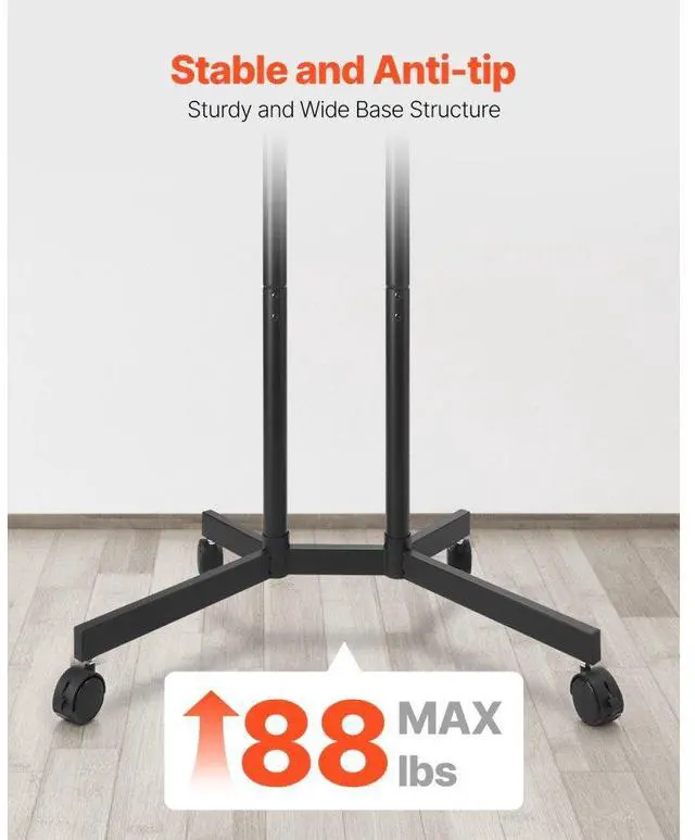 Alt view image 4 of 7 - VEVOR Rolling TV Stand, Mobile TV Cart for 32-65 Inch Screens, Height Adjustable, Portable Monitor Stand with Wheels Holds up to 88 lbs for Living Room, Bedroom, Office, Outdoor, Max VESA 400x400mm