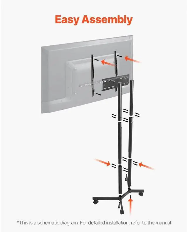 Alt view image 6 of 7 - VEVOR Rolling TV Stand, Mobile TV Cart for 32-65 Inch Screens, Height Adjustable, Portable Monitor Stand with Wheels Holds up to 88 lbs for Living Room, Bedroom, Office, Outdoor, Max VESA 400x400mm