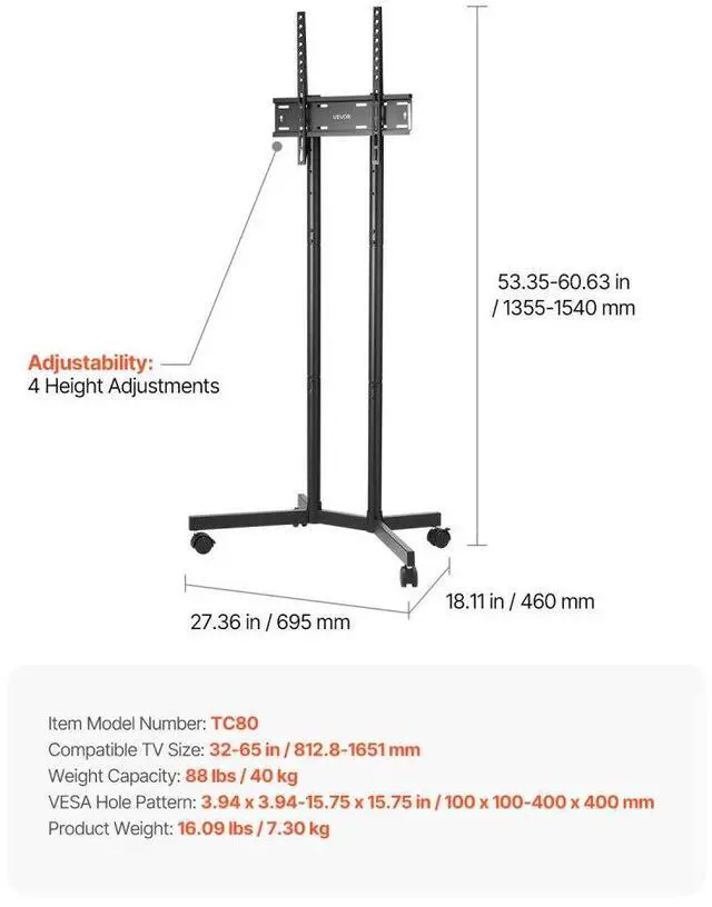 Alt view image 7 of 7 - VEVOR Rolling TV Stand, Mobile TV Cart for 32-65 Inch Screens, Height Adjustable, Portable Monitor Stand with Wheels Holds up to 88 lbs for Living Room, Bedroom, Office, Outdoor, Max VESA 400x400mm