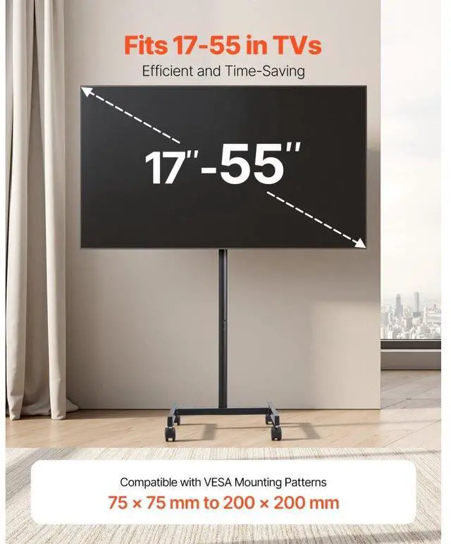 Alt view image 2 of 14 - VEVOR Rolling TV Stand, Mobile TV Cart for 17-55 Inch Screens, Portrait to Landscape, Portable TV Stand with Wheels Holds up to 44 lbs for Living Room, Bedroom, Office, Outdoor, Max VESA 200x200mm