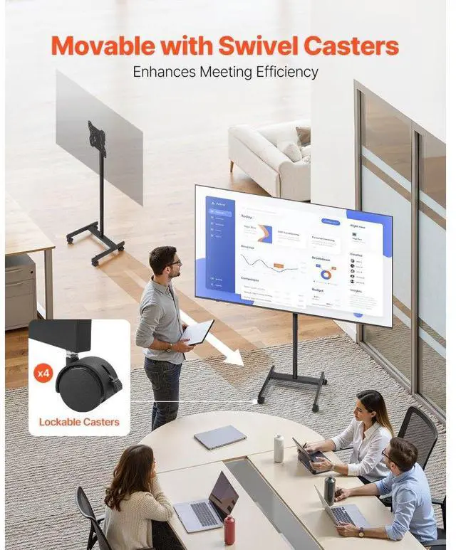 Alt view image 3 of 14 - VEVOR Rolling TV Stand, Mobile TV Cart for 17-55 Inch Screens, Portrait to Landscape, Portable TV Stand with Wheels Holds up to 44 lbs for Living Room, Bedroom, Office, Outdoor, Max VESA 200x200mm