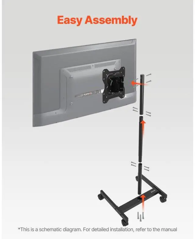 Alt view image 6 of 14 - VEVOR Rolling TV Stand, Mobile TV Cart for 17-55 Inch Screens, Portrait to Landscape, Portable TV Stand with Wheels Holds up to 44 lbs for Living Room, Bedroom, Office, Outdoor, Max VESA 200x200mm