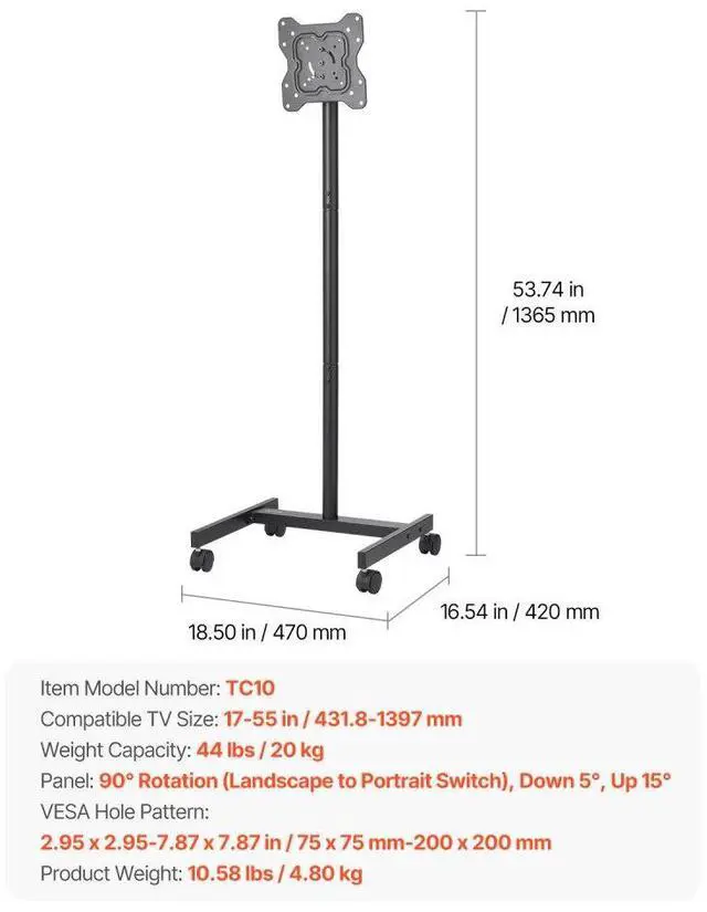 Alt view image 7 of 14 - VEVOR Rolling TV Stand, Mobile TV Cart for 17-55 Inch Screens, Portrait to Landscape, Portable TV Stand with Wheels Holds up to 44 lbs for Living Room, Bedroom, Office, Outdoor, Max VESA 200x200mm