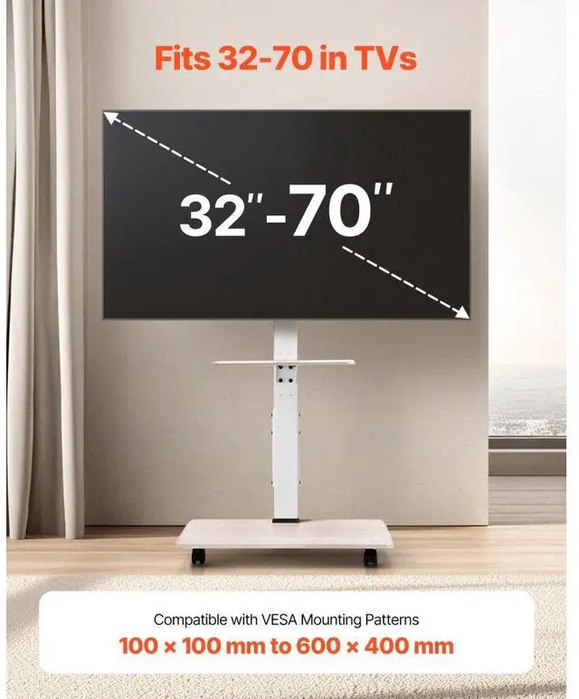 Alt view image 2 of 14 - VEVOR Rolling TV Stand, Mobile TV Cart for 32-70 Inch Screens, 25° Left-Right Rotation and Height Adjustable TV Mount with Tray, Holds up to 88 lbs for Corner, Bedroom, Outdoor, Max VESA 600x400mm