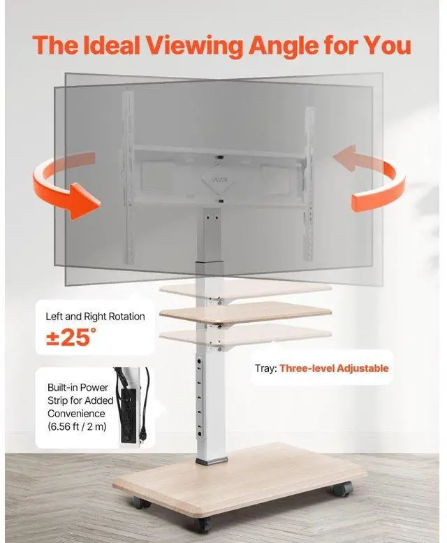 Alt view image 5 of 14 - VEVOR Rolling TV Stand, Mobile TV Cart for 32-70 Inch Screens, 25° Left-Right Rotation and Height Adjustable TV Mount with Tray, Holds up to 88 lbs for Corner, Bedroom, Outdoor, Max VESA 600x400mm