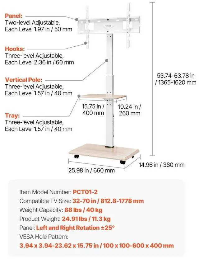 Alt view image 7 of 14 - VEVOR Rolling TV Stand, Mobile TV Cart for 32-70 Inch Screens, 25° Left-Right Rotation and Height Adjustable TV Mount with Tray, Holds up to 88 lbs for Corner, Bedroom, Outdoor, Max VESA 600x400mm