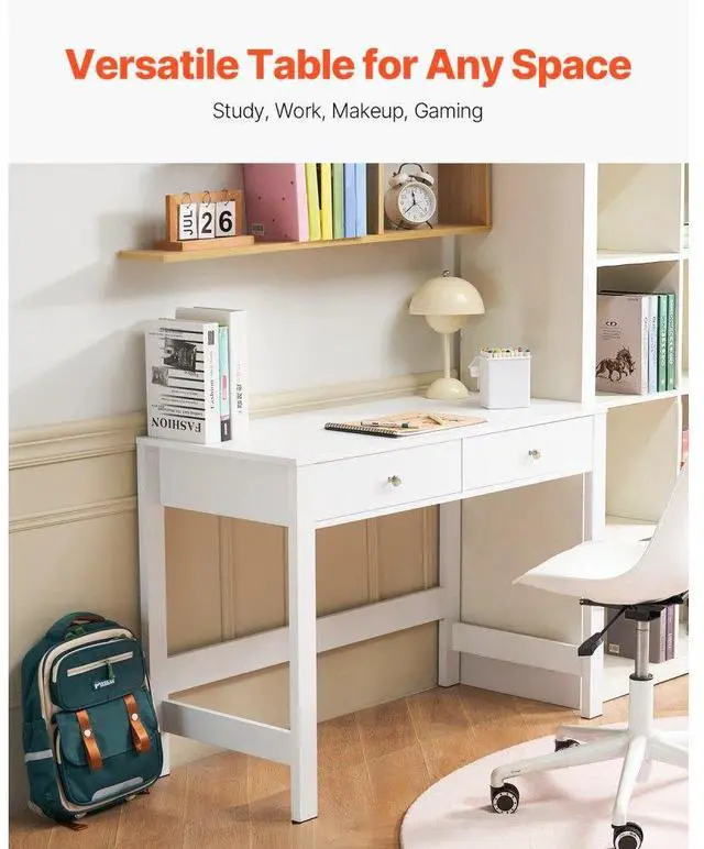 Alt view image 2 of 7 - VEVOR Small Desk with Drawers, Kids Desk for Bedroom, Modern Simple Study Table for Drawing, Reading, Writing, Rectangle MDF Furniture Study Storage Table for Home, Office, White