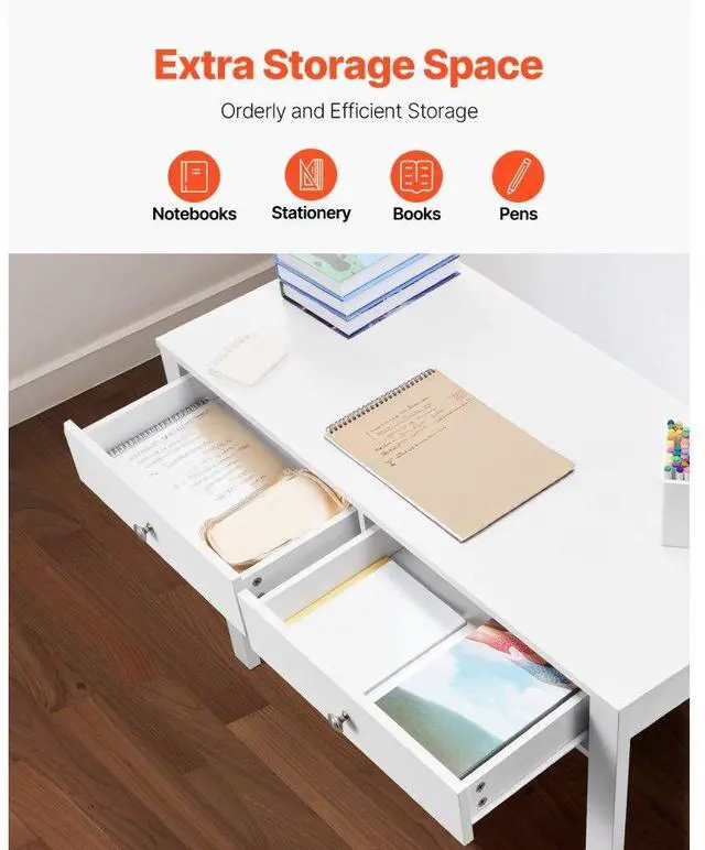 Alt view image 4 of 7 - VEVOR Small Desk with Drawers, Kids Desk for Bedroom, Modern Simple Study Table for Drawing, Reading, Writing, Rectangle MDF Furniture Study Storage Table for Home, Office, White