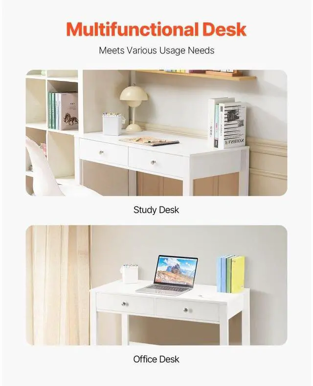 Alt view image 6 of 7 - VEVOR Small Desk with Drawers, Kids Desk for Bedroom, Modern Simple Study Table for Drawing, Reading, Writing, Rectangle MDF Furniture Study Storage Table for Home, Office, White