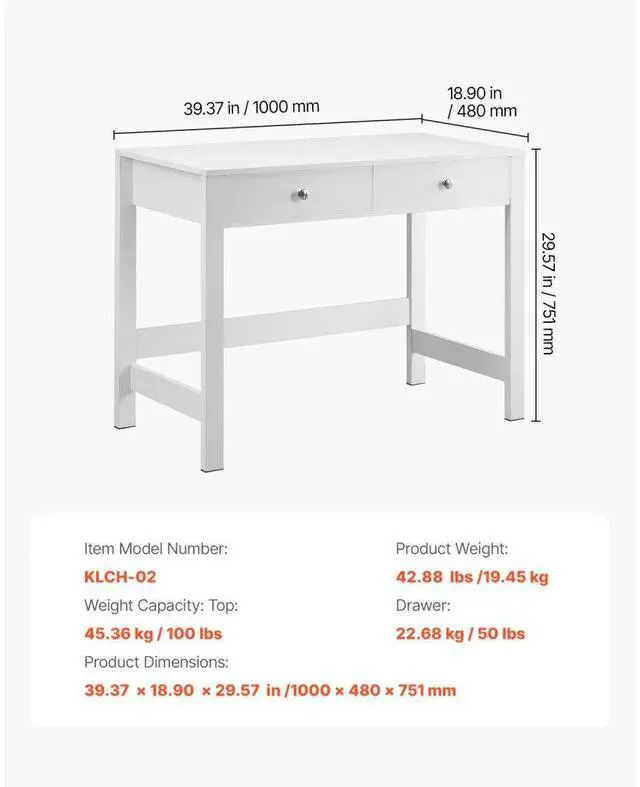 Alt view image 7 of 7 - VEVOR Small Desk with Drawers, Kids Desk for Bedroom, Modern Simple Study Table for Drawing, Reading, Writing, Rectangle MDF Furniture Study Storage Table for Home, Office, White