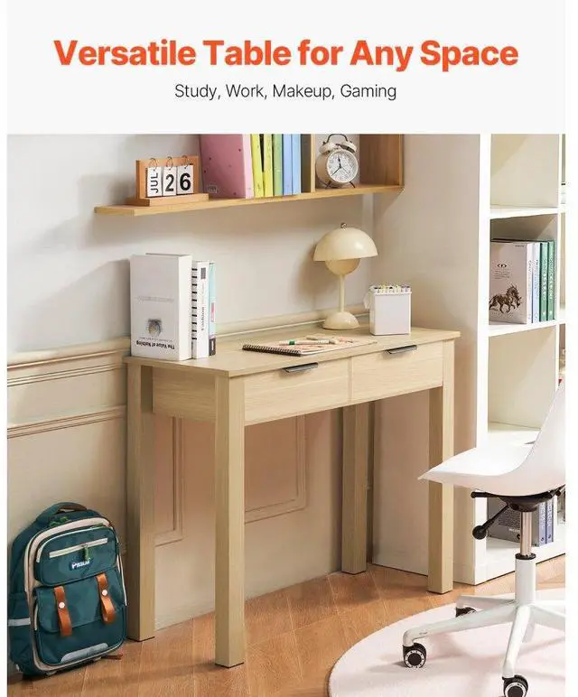 Alt view image 2 of 7 - VEVOR Small Desk with Drawers, Kids Desk for Bedroom, Modern Simple Study Table for Drawing, Reading, Writing, Rectangle MDF Furniture Study Storage Table for Home, Office, Light Wood