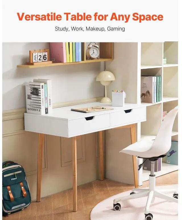 Alt view image 2 of 7 - VEVOR Small Desk with Drawers, Kids Desk for Bedroom, Wooden Simple Study Table for Drawing, Reading, Writing, Rectangle MDF Furniture Study Storage Table for Home, Office, White + Wood