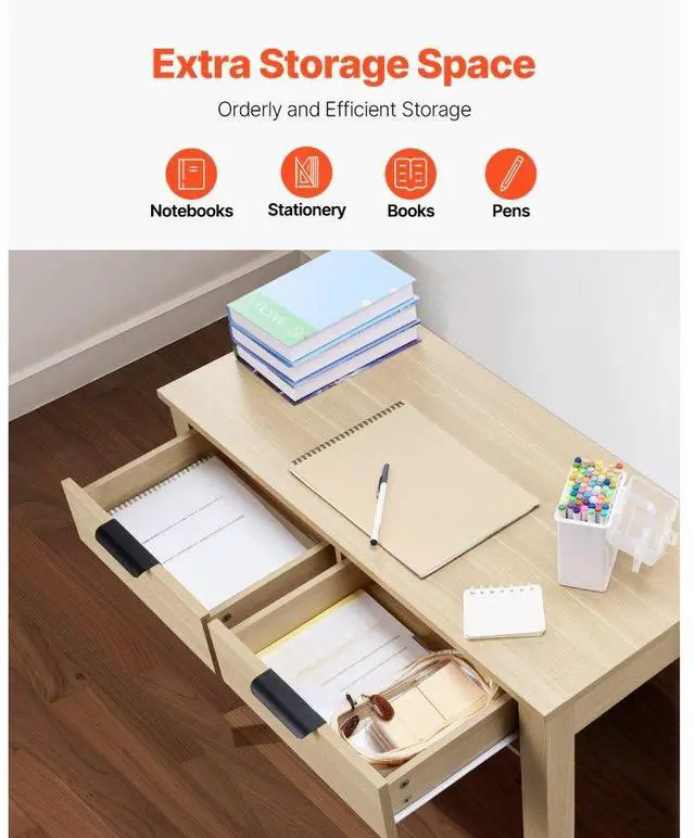 Alt view image 4 of 7 - VEVOR Small Desk with Drawers, Kids Desk for Bedroom, Modern Simple Study Table for Drawing, Reading, Writing, Rectangle MDF Furniture Study Storage Table for Home, Office, Light Wood
