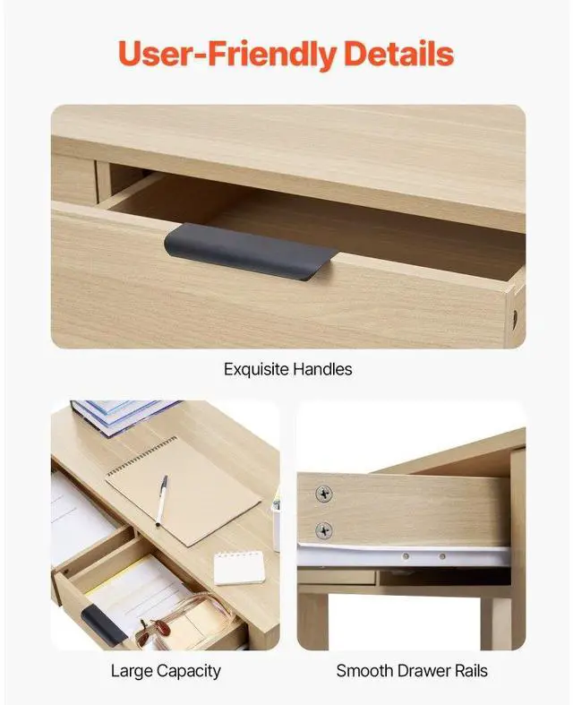 Alt view image 5 of 7 - VEVOR Small Desk with Drawers, Kids Desk for Bedroom, Modern Simple Study Table for Drawing, Reading, Writing, Rectangle MDF Furniture Study Storage Table for Home, Office, Light Wood