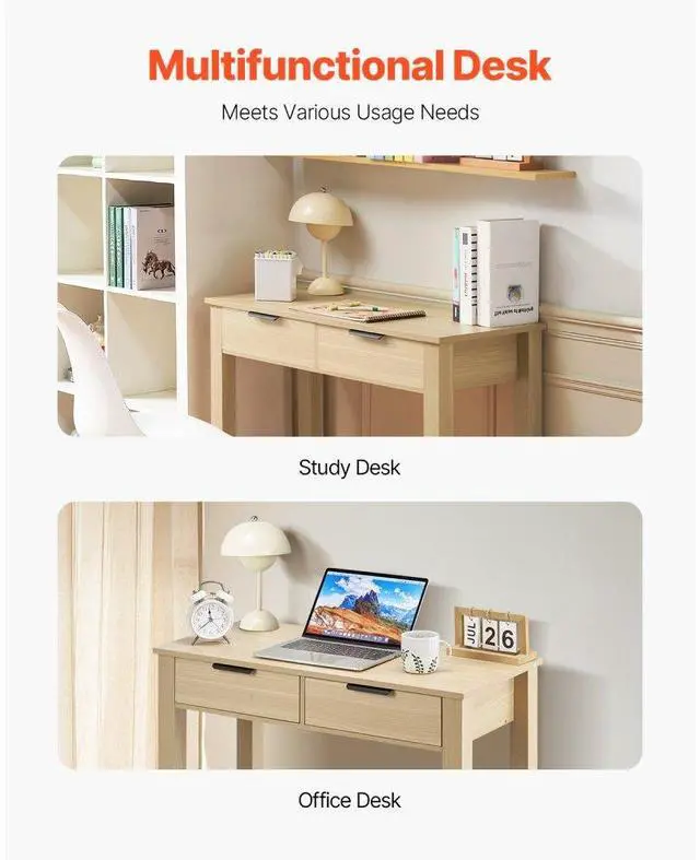 Alt view image 6 of 7 - VEVOR Small Desk with Drawers, Kids Desk for Bedroom, Modern Simple Study Table for Drawing, Reading, Writing, Rectangle MDF Furniture Study Storage Table for Home, Office, Light Wood