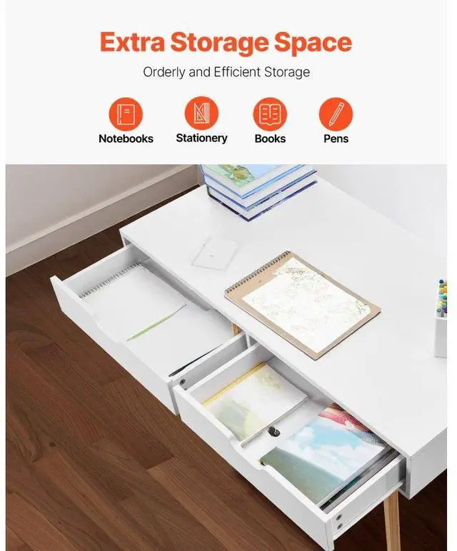 Alt view image 4 of 7 - VEVOR Small Desk with Drawers, Kids Desk for Bedroom, Wooden Simple Study Table for Drawing, Reading, Writing, Rectangle MDF Furniture Study Storage Table for Home, Office, White + Wood