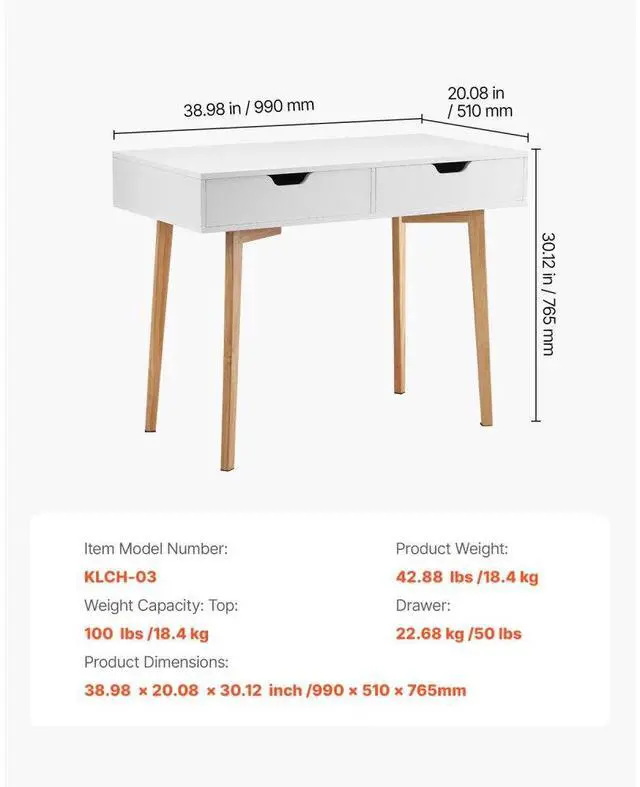 Alt view image 7 of 7 - VEVOR Small Desk with Drawers, Kids Desk for Bedroom, Wooden Simple Study Table for Drawing, Reading, Writing, Rectangle MDF Furniture Study Storage Table for Home, Office, White + Wood