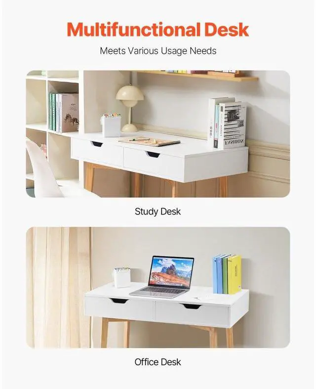 Alt view image 6 of 7 - VEVOR Small Desk with Drawers, Kids Desk for Bedroom, Wooden Simple Study Table for Drawing, Reading, Writing, Rectangle MDF Furniture Study Storage Table for Home, Office, White + Wood