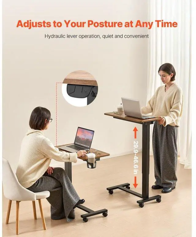 Alt view image 2 of 14 - VEVOR Overbed Table, Mobile Bed Side Table with 4 Wheels, Electric Lifting with Upgrade Button, Rolling Laptop Desk with Cup Holder, Height Adjustable Overbed Desk for Home, Office, Study, Wood+Black