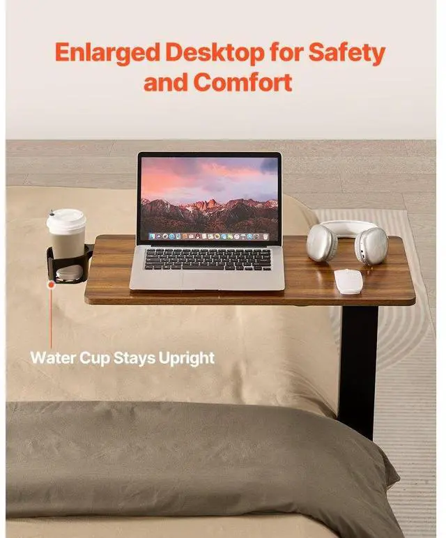 Alt view image 4 of 14 - VEVOR Overbed Table, Mobile Bed Side Table with 4 Wheels, Electric Lifting with Upgrade Button, Rolling Laptop Desk with Cup Holder, Height Adjustable Overbed Desk for Home, Office, Study, Wood+Black