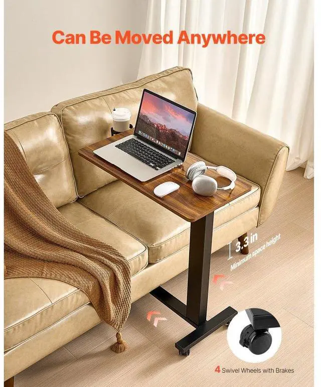 Alt view image 5 of 14 - VEVOR Overbed Table, Mobile Bed Side Table with 4 Wheels, Electric Lifting with Upgrade Button, Rolling Laptop Desk with Cup Holder, Height Adjustable Overbed Desk for Home, Office, Study, Wood+Black