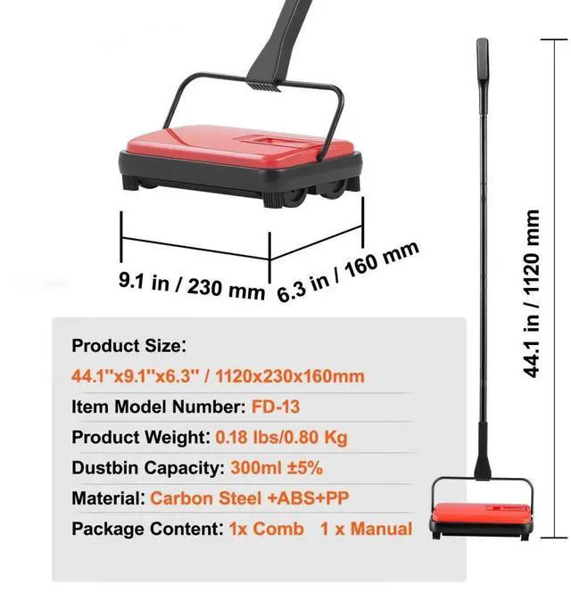 Alt view image 7 of 7 - VEVOR Carpet Floor Sweeper Manual 6.7 inch Width Sweeping Paths Non Electric Red