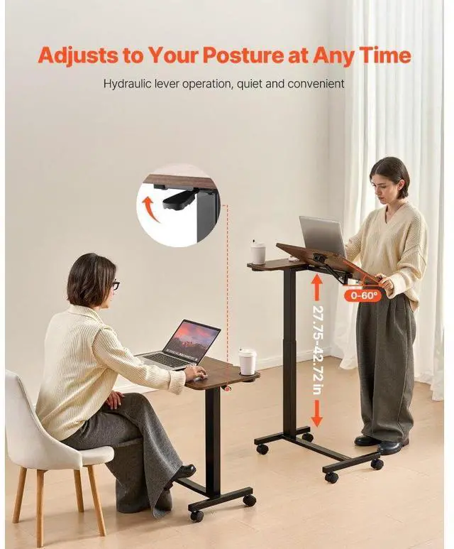 Alt view image 2 of 7 - VEVOR Overbed Table, Mobile Bed Side Table with Flip Desktop and 4 Wheels, Height & Angle Adjustable Rolling Laptop Desk with Cup Holder, Portable Over Bed Desk for Home, Office, Study, Wood + Black