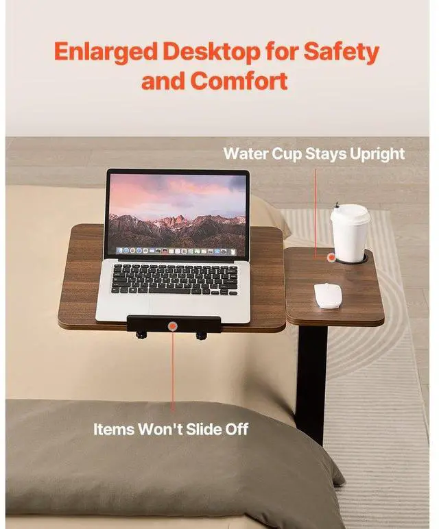 Alt view image 4 of 7 - VEVOR Overbed Table, Mobile Bed Side Table with Flip Desktop and 4 Wheels, Height & Angle Adjustable Rolling Laptop Desk with Cup Holder, Portable Over Bed Desk for Home, Office, Study, Wood + Black