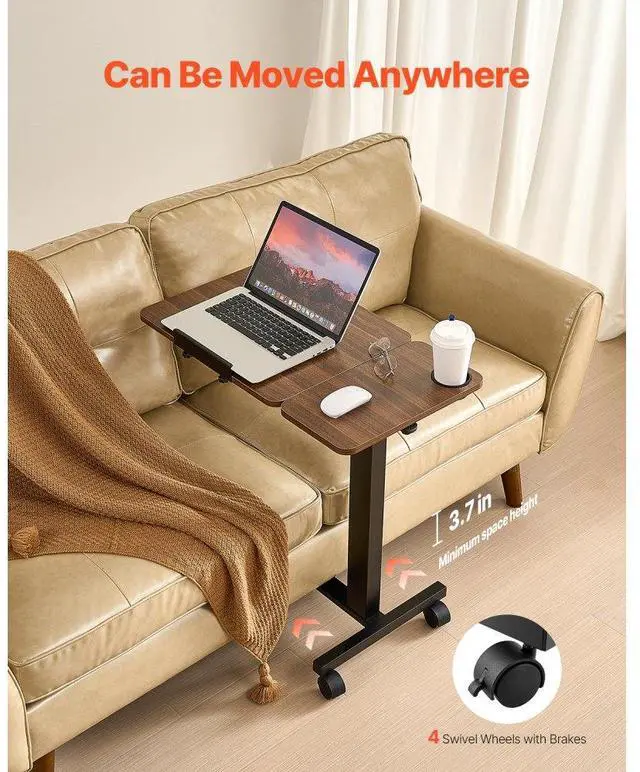 Alt view image 5 of 7 - VEVOR Overbed Table, Mobile Bed Side Table with Flip Desktop and 4 Wheels, Height & Angle Adjustable Rolling Laptop Desk with Cup Holder, Portable Over Bed Desk for Home, Office, Study, Wood + Black