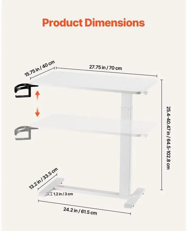 Alt view image 3 of 7 - VEVOR Overbed Table, Mobile Bed Side Table with 4 Hidden Wheels, Height Adjustable Rolling Laptop Desk with Cup Holder, Portable Particleboard Over Bed Desk for Home, Office, Study, White