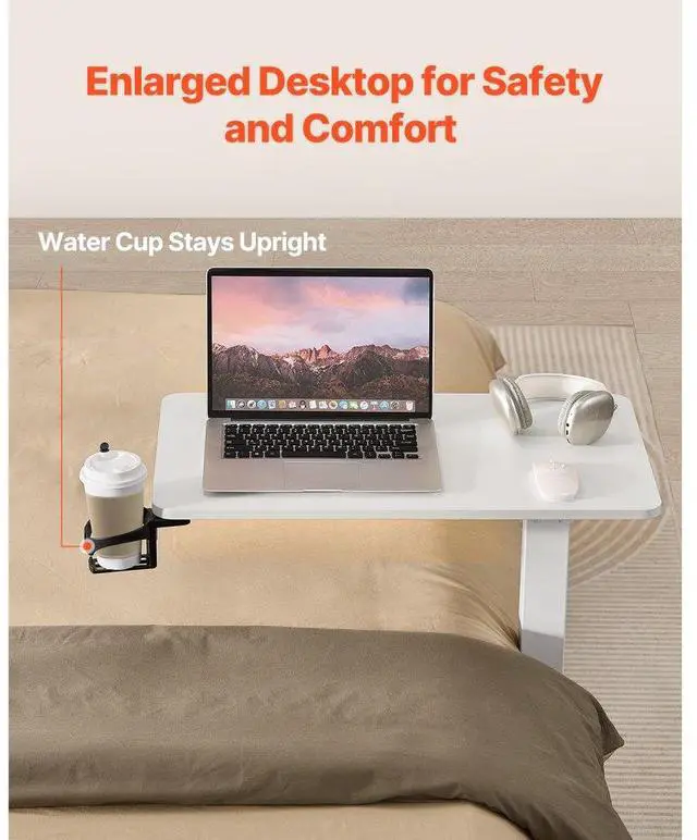 Alt view image 4 of 7 - VEVOR Overbed Table, Mobile Bed Side Table with 4 Hidden Wheels, Height Adjustable Rolling Laptop Desk with Cup Holder, Portable Particleboard Over Bed Desk for Home, Office, Study, White